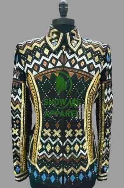 Showmanship Jacket with Black base stretchable fabric. Unique Jewel pieces, with Front hidden zipper  S-Jac-7