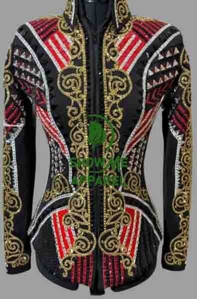 Showmanship Jacket with Black base stretchable fabric. Unique Jewel pieces, with Front hidden zipper  S-Jac-44