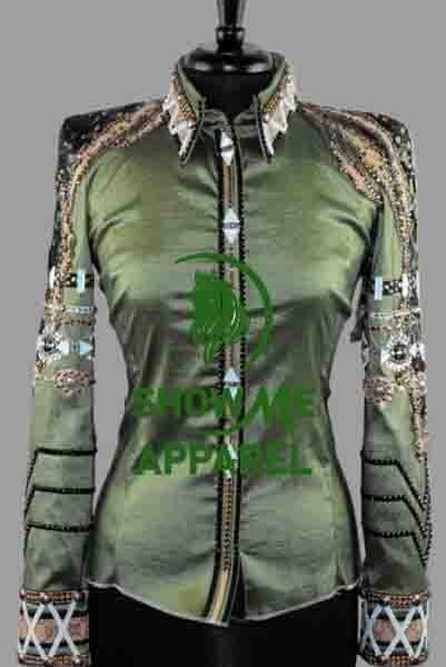 Show Shirt  with Taffeta stretchable fabric. Unique Jewel pieces, with Front hidden zipper gold nail finished.   Shirt-13