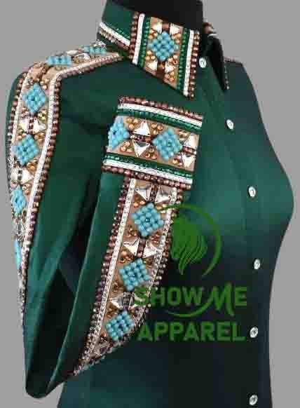 Retro Show Shirt  with Taffeta stretchable fabric. Unique Jewel pieces, with Front hidden zipper gold nail finished.   Shirt-51