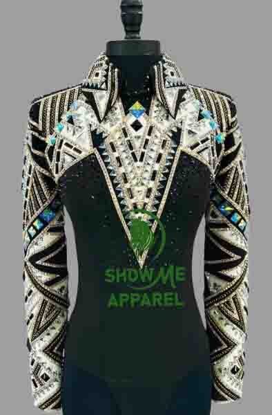 Horsemanship Jacket with Black base stretchable fabric. Unique Jewel pieces, with back hidden zipper   Jac-02