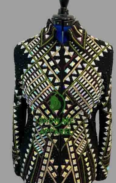 Showmanship Jacket with Black base stretchable fabric. Unique Jewel pieces, with Front hidden zipper  S-Jac-3