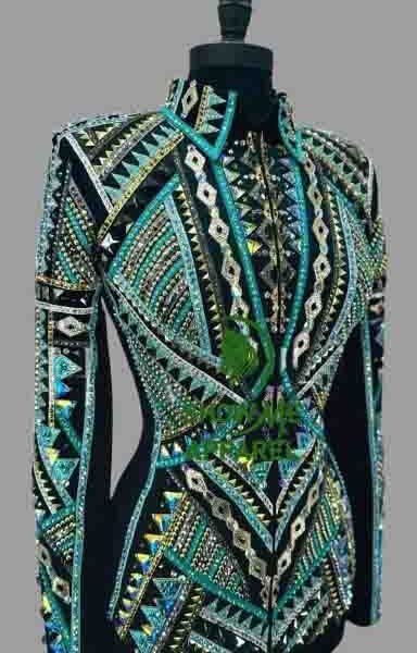 Showmanship Jacket with Black base stretchable fabric. Unique Jewel pieces, with Front hidden zipper  S-Jac-4