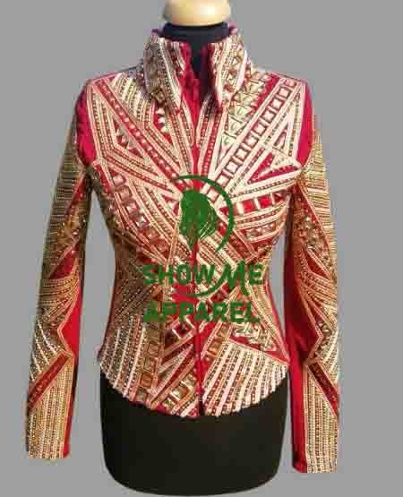Showmanship Jacket with Red base stretchable fabric. Unique Jewel pieces, with Front hidden zipper  S-Jac-14