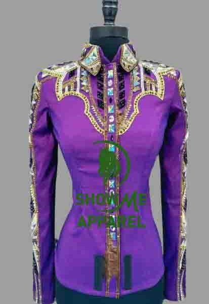 Show Shirt  with Taffeta stretchable fabric. Unique Jewel pieces, with Front hidden zipper gold nail finished.   Shirt-4