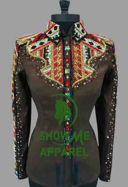 Show Shirt  with Taffeta stretchable fabric. Unique Jewel pieces, with Front hidden zipper gold nail finished.   Shirt-5