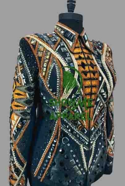 Showmanship Jacket with Black base stretchable fabric. Unique Jewel pieces, with Front hidden zipper  S-Jac-6