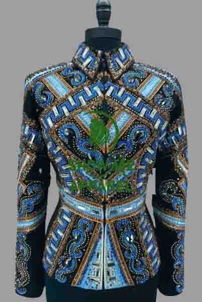 Showmanship Jacket with Black base stretchable fabric. Unique Jewel pieces, with Front hidden zipper  S-Jac-9