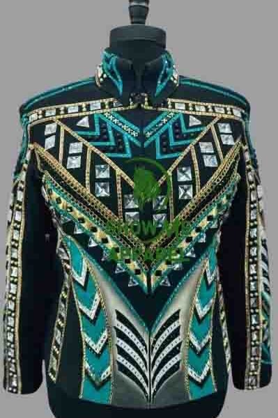 Showmanship Jacket with Black base stretchable fabric. Unique Jewel pieces, with Front hidden zipper  S-Jac-10