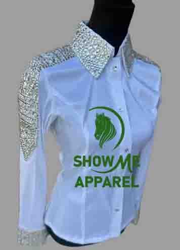 Show Shirt  with Taffeta stretchable fabric. Unique Jewel pieces, with Front hidden zipper gold nail finished.   Shirt-14