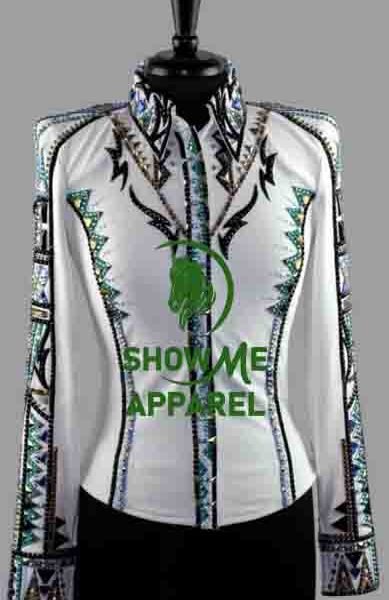 Retro Show Shirt  with Taffeta stretchable fabric. Unique Jewel pieces, with Front hidden zipper gold nail finished.   Shirt-53