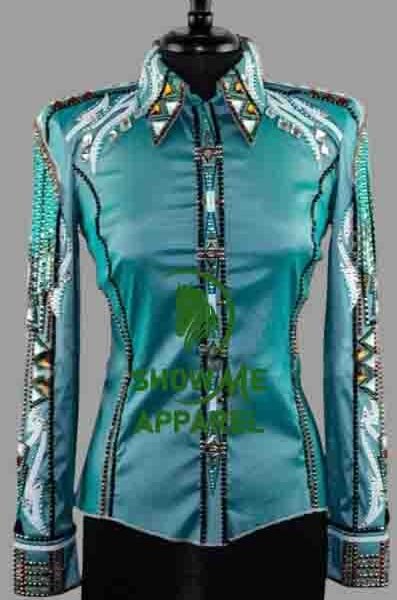 Retro Show Shirt  with Taffeta stretchable fabric. Unique Jewel pieces, with Front hidden zipper gold nail finished.   Shirt-54