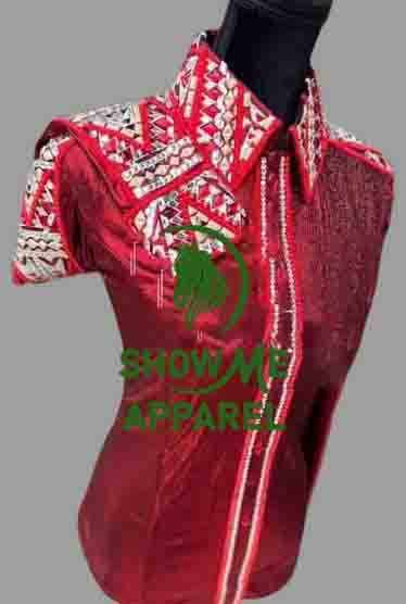 Retro Show Shirt  with Taffeta stretchable fabric. Unique Jewel pieces, with Front hidden zipper gold nail finished.   Shirt-71