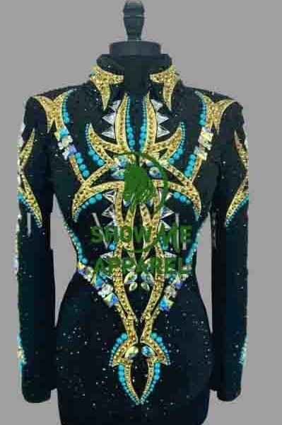 Showmanship Jacket with Black base stretchable fabric. Unique Jewel pieces, with Front hidden zipper  S-Jac-5