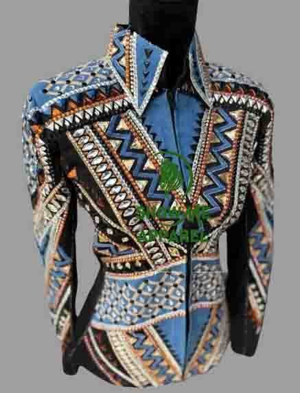 Showmanship Jacket with Black base stretchable fabric. Unique Jewel pieces, with Front hidden zipper  S-Jac-28