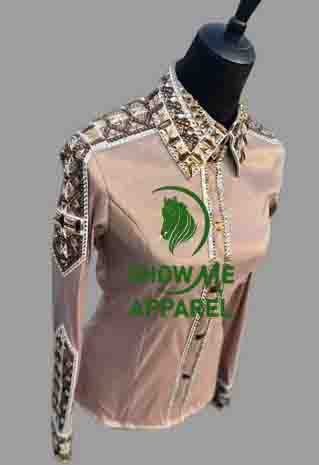 Show Shirt  with Taffeta stretchable fabric. Unique Jewel pieces, with Front hidden zipper gold nail finished.   Shirt-7