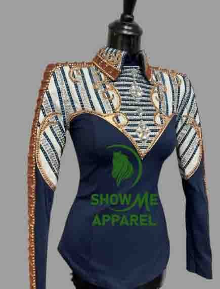 Horsemanship Jacket with Navy Blue base stretchable fabric. Unique Jewel pieces, with back hidden zipper    Jac-14