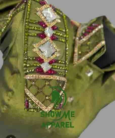 Retro Show Shirt  with Taffeta stretchable fabric. Unique Jewel pieces, with Front hidden zipper gold nail finished.   Shirt-72