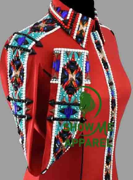 Retro Show Shirt  with Taffeta stretchable fabric. Unique Jewel pieces, with Front hidden zipper gold nail finished.   Shirt-79