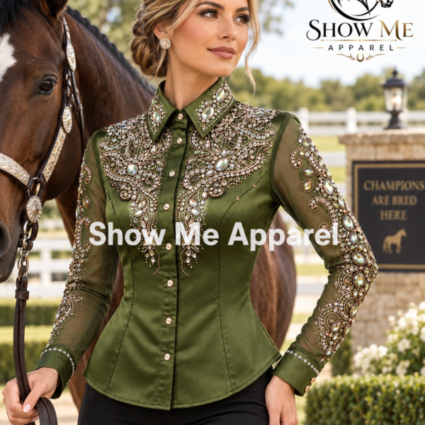 Western Show Shirt with Taffeta stretchable fabric. Unique Jewel pieces, with hidden zipper gold nail finished. Shirt-40