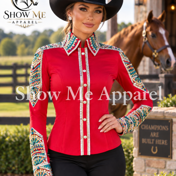 Western Show Shirt with Taffeta stretchable fabric. Unique Jewel pieces, with hidden zipper gold nail finished. Shirt-42