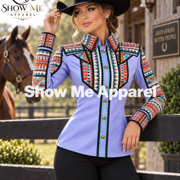 Western Show Shirt with Taffeta stretchable fabric. Unique Jewel pieces, with hidden zipper gold nail finished. Shirt-44