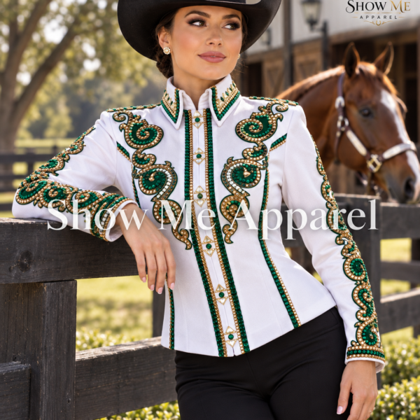 Western Show Shirt with Taffeta stretchable fabric. Unique Jewel pieces, with hidden zipper gold nail finished. Shirt-45