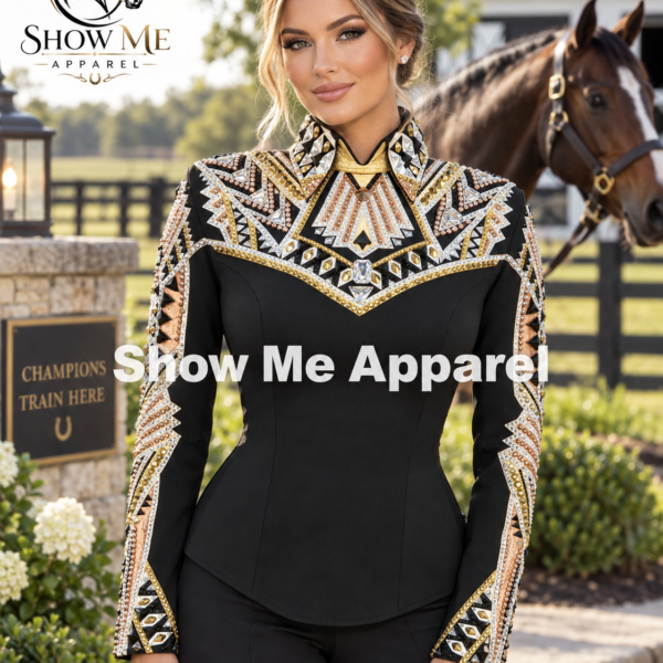 Western Show Horsemanship Jacket with Black base stretchable fabric. Unique Jewel pieces, with back hidden zipper    Jac-10