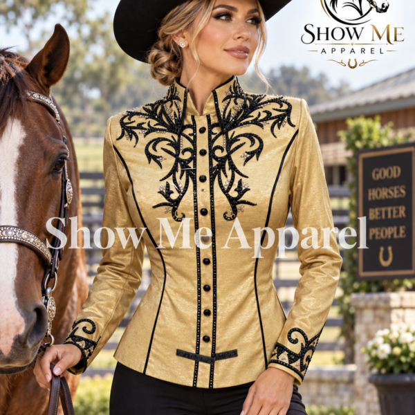 Western Show Shirt with Taffeta stretchable fabric. Unique Jewel pieces, with hidden zipper gold nail finished. Shirt-46