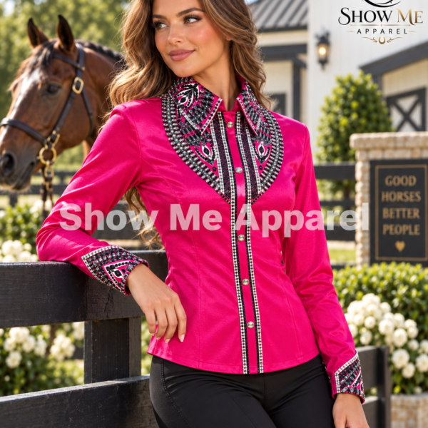 Western Show Shirt with Taffeta stretchable fabric. Unique Jewel pieces, with hidden zipper gold nail finished. Shirt-48