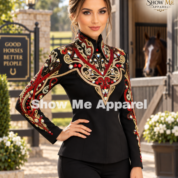 Western Show Horsemanship Jacket with Black base stretchable fabric. Unique Jewel pieces, with back hidden zippe  Jac-13