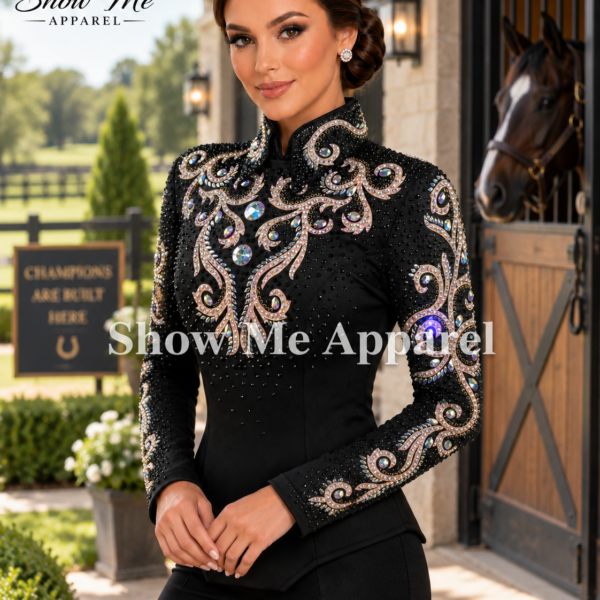 Western Show Horsemanship Jacket with Black base stretchable fabric. Unique Jewel pieces, with back hidden zipper  Jac-15