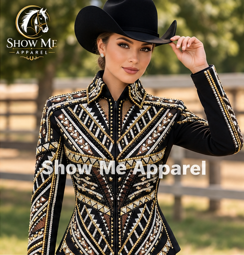 Showmanship Jacket with Black base stretchable fabric. Unique Jewel pieces, with Front hidden zipper  S-Jac-1