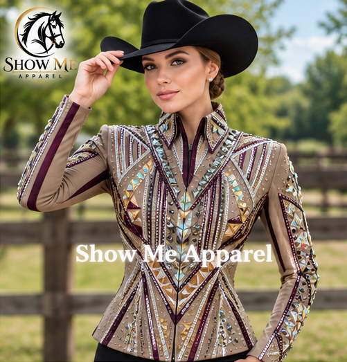 Showmanship Jacket with Black base stretchable fabric. Unique Jewel pieces, with Front hidden zipper  S-Jac-7
