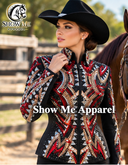 Handmade Showmanship Jacket with Black base stretchable fabric. Unique Jewel pieces, with Front hidden zipper  S-Jac-14