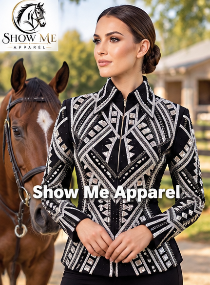 Handmade Showmanship Jacket with Black base stretchable fabric. Unique Jewel pieces, with Front hidden zipper  S-Jac-15