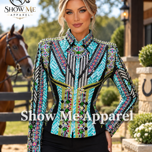 Handmade Showmanship Jacket with Black base stretchable fabric. Unique Jewel pieces, with Front hidden zipper  S-Jac-16