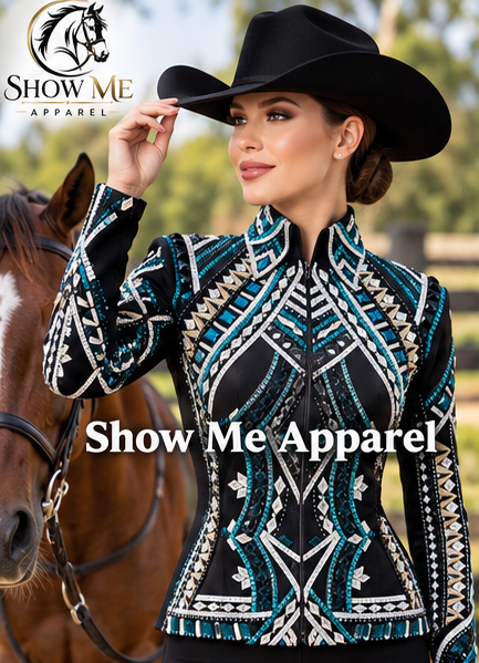 Handmade Showmanship Jacket with Black base stretchable fabric. Unique Jewel pieces, with Front hidden zipper  S-Jac-17