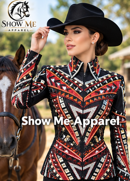 Handmade Showmanship Jacket with Black base stretchable fabric. Unique Jewel pieces, with Front hidden zipper  S-Jac-18