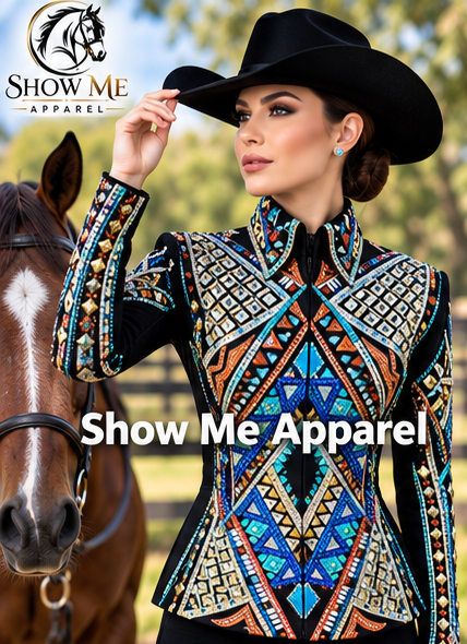 Handmade Showmanship Jacket with Black base stretchable fabric. Unique Jewel pieces, with Front hidden zipper  S-Jac-20