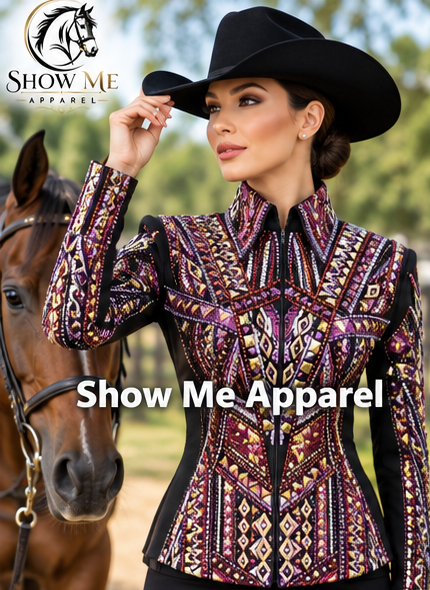 Western Showmanship Jacket with Black base stretchable fabric. Unique Jewel pieces, with Front hidden zipper  S-Jac-21