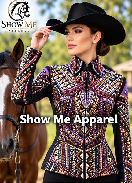 Western Showmanship Jacket with Black base stretchable fabric. Unique Jewel pieces, with Front hidden zipper  S-Jac-22