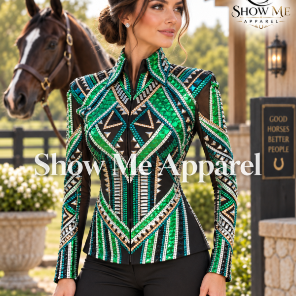 Western Showmanship Jacket with Black base stretchable fabric. Unique Jewel pieces, with Front hidden zipper  S-Jac-24