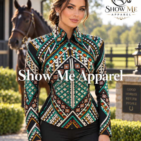 Western Showmanship Jacket with Black base stretchable fabric. Unique Jewel pieces, with Front hidden zipper  S-Jac-25