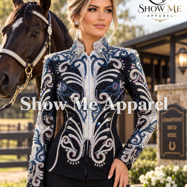 Western Showmanship Jacket with Black base stretchable fabric. Unique Jewel pieces, with Front hidden zipper  S-Jac-26