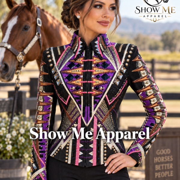 Western Showmanship Jacket with Black base stretchable fabric. Unique Jewel pieces, with Front hidden zipper  S-Jac-30