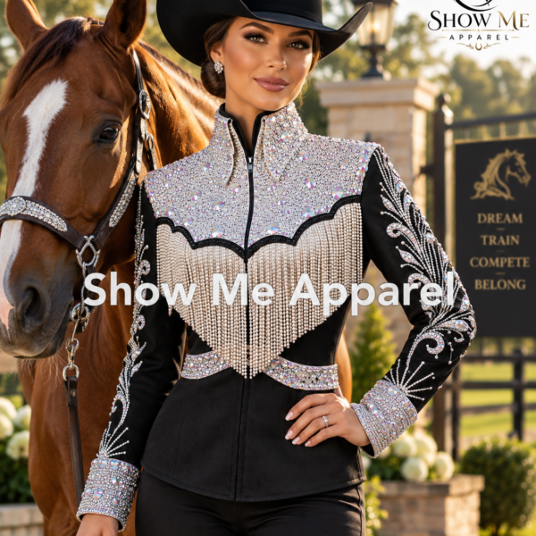 Handmade Showmanship Jacket with Black base stretchable fabric. Unique Jewel pieces, with Front hidden zipper  S-Jac-32