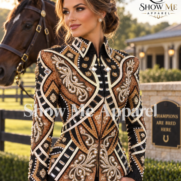 Handmade Showmanship Jacket with Black base stretchable fabric. Unique Jewel pieces, with Front hidden zipper  S-Jac-34
