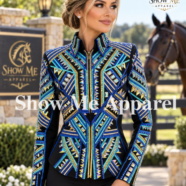 Handmade Showmanship Jacket with Black base stretchable fabric. Unique Jewel pieces, with Front hidden zipper  S-Jac-35