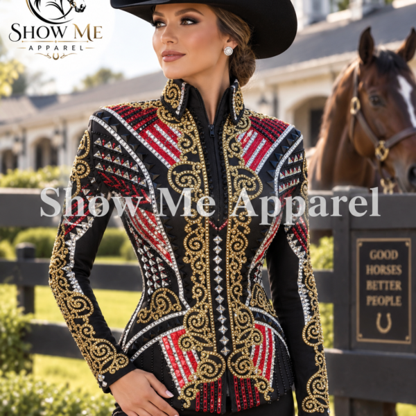 Handmade Showmanship Jacket with Black base stretchable fabric. Unique Jewel pieces, with Front hidden zipper  S-Jac-36